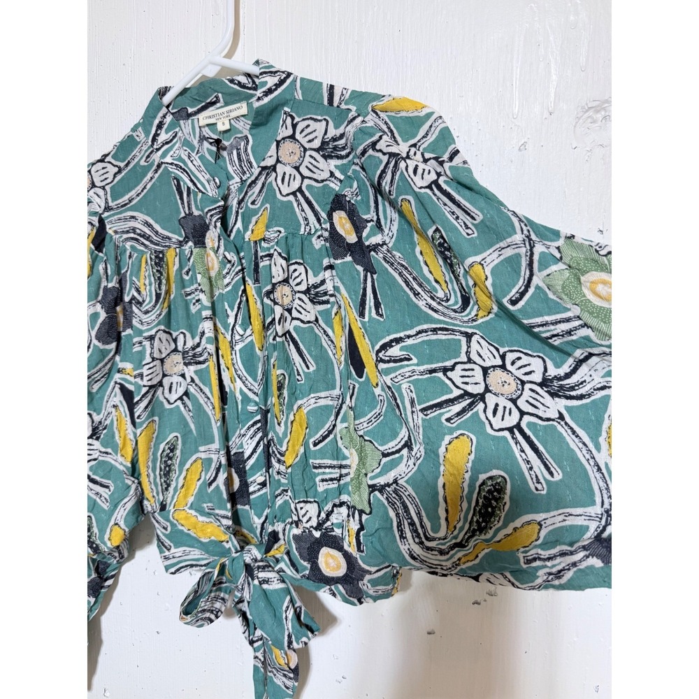 Christian Siriano Blouse Womens Small Green Floral Tie Front Boho Festival NWT - Picture 5 of 10